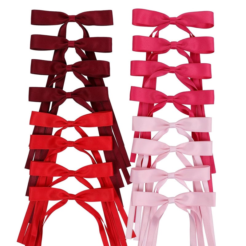WORTL Hair Bows Clips Coquette Ribbon Bowknot with Long Tail Princess Hair Bows French Barrettes Hair Accessories for Women Girls 16PCS (Red, Rose red, Wine red, Pink) - Image 1